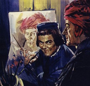 ブルージュで、ファン・アイクは『赤いターバンの男』（カラーリトグラフ）などの肖像画を描いた。