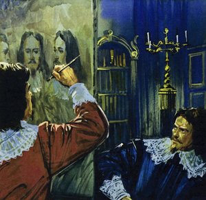 チャールズ1世がヴァン・ダイクをイギリスに招き、彼の肖像画を描く（カラーリトグラフ） 作： ルイス・アルカス・ブラウナー