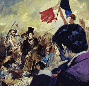 フランス革命に触発され、ウジェーヌ・ドラクロワはフランス国民を導く自由を描いた（カラーリトグラフ）
