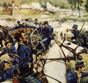 フランスとプロイセンの間で戦争が始まると、マネは砲兵隊に加わった（カラーリトグラフ） 作： ルイス・アルカス・ブラウナー