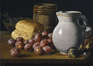 プラム、イチジク、パン、水差しのある静物、18世紀後半 作： Luis Egidio Melendez