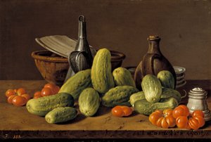 スペイン語：Bodegón con pepinos, tomates y recipientes きゅうりとトマトと器のある静物画 作： ルイス・エジディオ・メレンデス