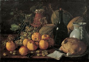 リンゴ、ブドウ、メロン、パン、水差し、瓶のある静物画 作： ルイス・エジディオ・メレンデス