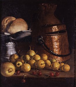 果物や調理器具のある静物 作： Luis Egidio Melendez