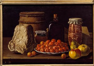 チーズ、果物、受取人。ルイス・メレンデス（1716 - 1780）の絵画、スペイン派 作： Luis Egidio Menendez or Melendez