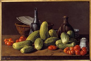 静物画：きゅうり、トマト、容器。ルイス・メレンデス（1716～1780年）の絵画 作： Luis Egidio Menendez or Melendez