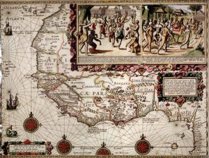 1586年頃、地図製作者ルイス・テイシェラ（またはテイシェイラ）が作成したギニーの地理地図。右上には先住民（アフリカ人）のダンスシーンが描かれている。 作： Luis Teixeira