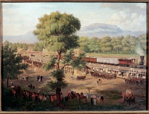 メキシコ渓谷の鉄道の眺め ルイス・コト（1830-1891）画 メキシコシティ、国立歴史博物館、チャプルテペック城 作： Luiz Coto