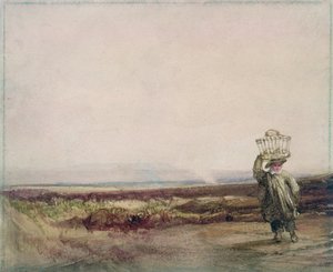 荒れ地の風景の中、彼の頭にバスケットを運ぶ少年 作： Luke Clennell