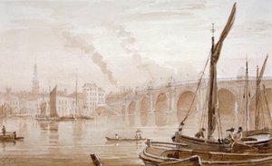 サリー州の海岸からブラックフライアーズ橋を見る、前景にはボートがある、ロンドン、1825年頃 作： Luke Clennell