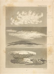筆者による雲の種類：
a,aは巻積雲の特徴を示し、遠方での様子も示している。b,bは明るい巻層雲と暗い巻層雲で、前者は雨天が始まる直前に撮影したもの、後者は小春日和に撮影したものである。 作： Luke Howard