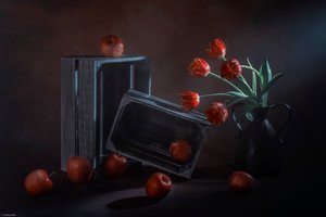 ダーク・フローラル・フルーツの静物画 作： Lydia Jacobs