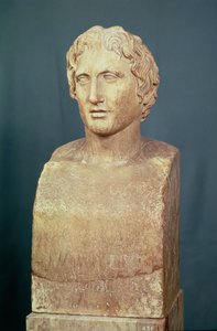 アレキサンダー大王（紀元前356～323年）の肖像胸像「アザラ・アーム」、紀元前4世紀のオリジナルのギリシャ語レプリカ（大理石