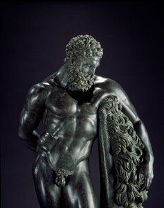 ギリシャ美術。「休息するヘラクレス」詳細シシオネのリュシッペ（紀元前395-305）のブロンズ彫刻 紀元前4世紀。スルモーナのエルコレ・クリノの祠より。イタリア・キエーティ国立考古学博物館 - 休息するヘラクレス（ヘラクレス） - ブロンズ彫刻のディテール 作： Lysippos (attributed to)