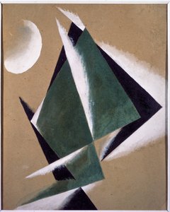 白い半月を使った施工。 Lyubov (Lioubov) Sergeyevna Popova (1889-1924) の作品、厚紙にグワッシュ 作： Lyubov Sergeevna Popova