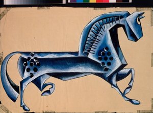 青い馬。 アレクサンダー プーシキン (1799-1837) による劇「教皇と息子の従者バルダ」のスケッチ。 Lyubov (Lioubov) Sergeyevna Popova (1889-1924) の作品、グワッシュ、インク、紙 作： Lyubov Sergeevna Popova