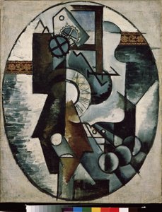 時計。 Lyubov (Lioubov) Sergeyevna Popova (1889-1924) による絵画、キャンバスに油彩、コラージュ 作： Lyubov Sergeevna Popova