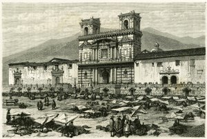 キト（現在のエクアドルの首都）のカテドラルとその広場で行われる大衆娯楽。物語 "春分の日のアメリカ "を説明するための、クレルジェとフェルディナンドスによる版画。 作： M. (after) Ferdinandus