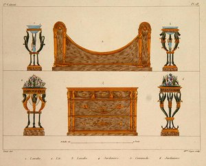 1828/41年に出版された「Meubles Modeles de Meubles et de decorations interieures pur les Meubles」のプレート28にソイエ夫人が彫った家具のデザイン（カラーリトグラフ） 作： M. (after) Santi