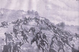 ザウレの奪還。稜線への突入（『イラストレイテッド・ヒストリー・オブ・ザ・ワールド・ウォー 1914-1915』（ユニオン・ベルラグゼフェルフシャフト刊）より 作： M. Barascudts