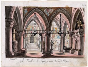 Le tombeau de Charlemagne a Aix-la-Chapelle - ジュゼッペ ヴェルディ - M. コンティ (1810-1886) によるオペラ エルナーニのセット デザイン。 紙に水彩 サイズ : 22x29 cm The Morgan Library & Museum, New York 作： M. Conti