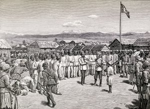 ヘンリーモートンスタンレー卿、1890年にカヴァリで反政府軍の将校に演説（木版画） 作： M. Schonberg