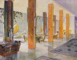 1930年代のインテリア。ホテルのガーデンホール（カラーリトグラフ 作： M. Stier