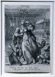 ラファエル・サドラー1世（1561-1632）による「貞節の象徴としての3人の女性」を描いたシリーズのソフロニア、1590年頃（エングレーヴィング 作： Maarten de (after) Vos