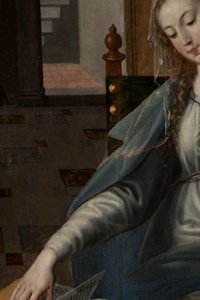 マギの礼拝」トリプティク、右パネル後部、細部、木の上の絵画 作： Maarten de Vos