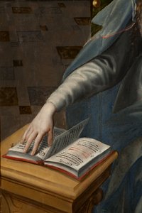 マギの礼拝」トリプティク、右パネル後部、細部、木の上の絵画 作： Maarten de Vos