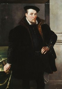 紳士の肖像画、4分の3の長さ、毛皮の裏地付きのブラックコート、1551年 作： Maarten de Vos