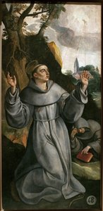 アッシジの聖フランソワ（1181-1226）。マーティン（マールテン）・デ・ヴォス（1532-1604）による絵画、木に油彩 作： Maarten de Vos