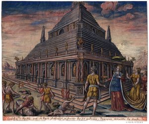 ハリカルナッソスの霊廟（「世界の八不思議」シリーズより）Maarten van Heemskerckの後 - Galle, Philipp (1537-1612) - 1572 - Etching, watercolour - Bibliotheque municipale de Lyon 作： Maarten van (after) Heemskerck