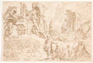 アチャンと彼の家族は投石されています 作： Maarten van Heemskerck