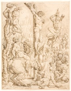 泥棒の間の十字架上のキリスト 作： Maarten van Heemskerck