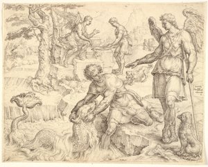 チグリス川で魚を捕るトビアス 作： Maarten van Heemskerck
