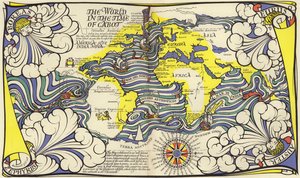 航海士ジョン・カボットとセバスチャン・カボットの時代の世界地図（カラーリトグラフ 作： MacDonald Gill