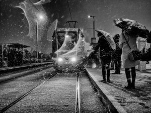 雪の降る中を走る路面電車 作： 