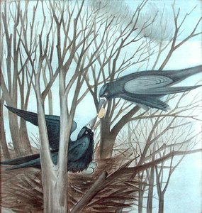 木の上で餌を食べる2羽のルーク（鉛筆・水彩・紙） 作： Madeline Wyndham