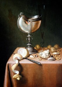 ノーチラスカップ、皮をむいたレモン、クルミのある静物（油彩・パネル） 作： Maerten Boelema de Stomme