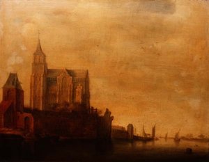 グルーテ・ケルクと主塔の眺め、エメリッヒと帆船のある川の風景 作： Maerten Fransz van der Hulst