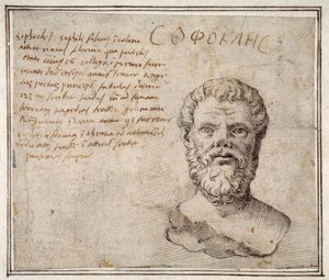 フルビオ・オルシーニの手によるアンティークのソフォクレスの胸像（注釈付き）（紙にペンとインク 作： Maerten van Heemskerck
