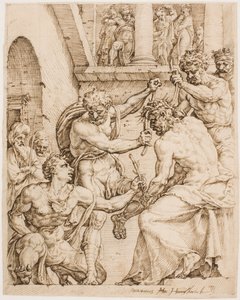 いばらで戴冠されるキリストc。 1548（ペン、茶色のインク、バフ紙に黒いチョーク） 作： Maerten van Heemskerck