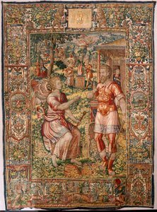 教区博物館 (Museo Diocesano)。 フランダースのタペストリー。 ブリュッセル。 フランソワ・ジュベルのアトリエ。 シリーズ ストーリー オブ ギデオン。 ギデオンと天使 (Gedeón y el angel)。 シルクとウール。 ビセンテ ロカ デ ラ セルナ司教の遺贈。 バロック。 1534-1571 年以来、大聖堂で 作： Maerten van Heemskerck