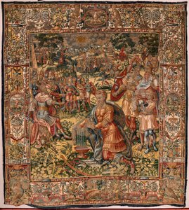 教区博物館 (Museo Diocesano)。 フランダースのタペストリー。 ブリュッセル。 フランソワ・ジュベルのアトリエ。 シリーズ ストーリー オブ ギデオン。 ウールのフリース (Prueba del vellón de lana) の奇跡。 シルクとウール。 ビセンテ ロカ デ ラ セルナ司教の遺贈。 バロック。 1534-1571、私 作： Maerten van Heemskerck