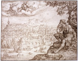 ヨナ、ひょうたんの下に座って、1566年にニネベ市を熟考する（紙にスタイラスで切り込まれたペンと茶色のインク）