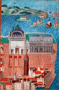 Vista da Praça de São Marcos com o Palácio Ducal de Veneza”” Miniatura retirada de “” Descrição ou trata do governo e regime da cidade e senhoria de Veneza””” do Mestre de Philip de Geldre (1467-1547) Chantilly , Museu Conde 作： Maitre de Philippe de Gueldre