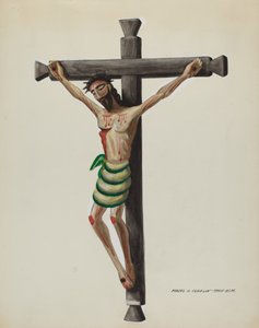 黒い木彫の十字架に彫られて描かれた「クリスト」、1937年頃。