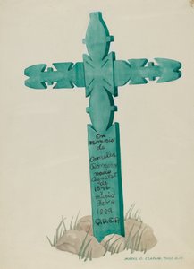 木製の十字架に彫刻を施し、墓石として使用したもの、1937年頃。