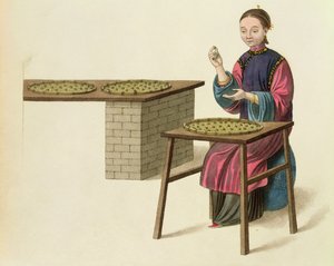 お茶を準備する女性、J。ダドリーによって彫刻された「中国のコスチューム」からのプレート21、1800 作： Major George Henry Mason